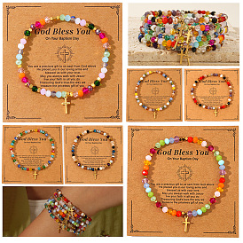 Bracelets extensibles en perles rondelles facettées de pierre naturelle et de verre, ornés de breloques en laiton en forme de croix religieuse, pour femmes, réel 14 k plaqué or, avec des cartes d'affichage en papier