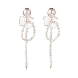 Flower with Shell Pearl Dangle Stud Earring, Brass Drop Earrings for Women