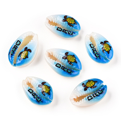 Printed Cowrie Shell Beads, No Hole/Undrilled, Marine Organism Pattern with Letter DRC