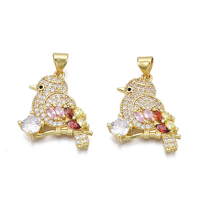 Micro cuivres ouvrent pendentifs zircone cubique, avec bouton pression en laiton, sans nickel, réel 18 k plaqué or, oiseau