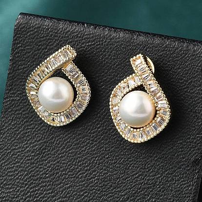 Серьги-гвоздики из латуни и стекла, с натуральной жемчужиной, ромб