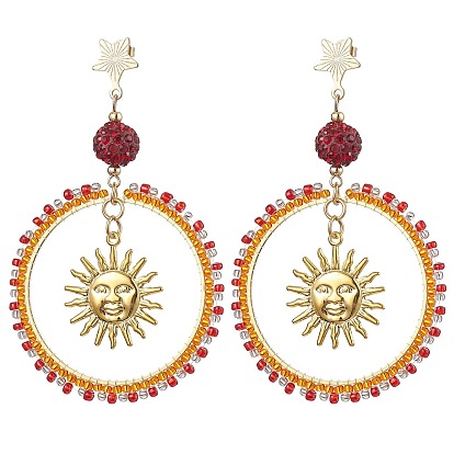 201 Stainless Steel Studs Earrings, with Brass & Polymer Clay Rhinestone & Glass Seed Pendant, Sun