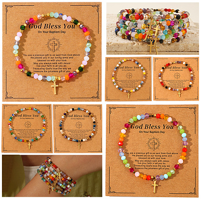 Bracelets extensibles en perles rondelles facettées de pierre naturelle et de verre, ornés de breloques en laiton en forme de croix religieuse, pour femmes, réel 14 k plaqué or, avec des cartes d'affichage en papier