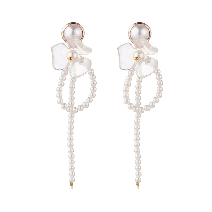 Flower with Shell Pearl Dangle Stud Earring, Brass Drop Earrings for Women