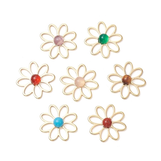 Подвески из натурального розового кварца/красной яшмы/тигрового глаза/аметиста/сердолика/агата/синтетической бирюзы, 304 подвески-цветы из нержавеющей стали, золотые, смешанные окрашенные и неокрашенные