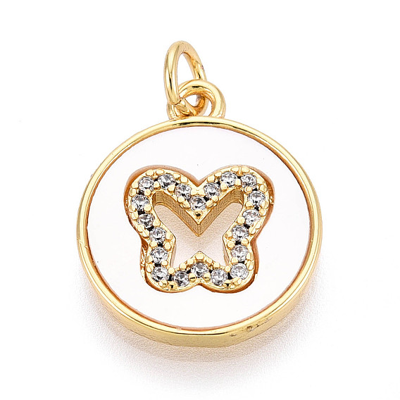 Латунные микропаве прозрачные подвески с фианитом, без кадмия и без свинца, с оболочкой, плоский круглый & бабочка, с целью перехода в кольце