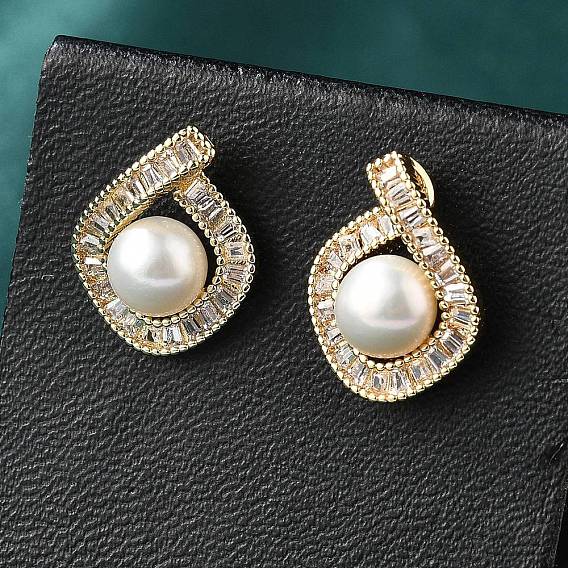 Серьги-гвоздики из латуни и стекла, с натуральной жемчужиной, ромб