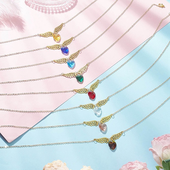 Ожерелья с подвеской в виде крыльев ангела и сердца из латуни и стекла для женщин, золотые