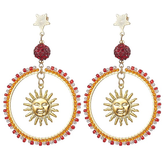 201 Stainless Steel Studs Earrings, with Brass & Polymer Clay Rhinestone & Glass Seed Pendant, Sun