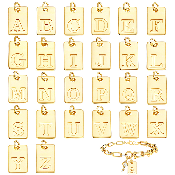 26Pcs 26 Styles Brass Pendants, Rectangle with Letter Charms, Rack Plating, Lead Free & Cadmium Free, Long-Lasting Plated, with Jump Ring