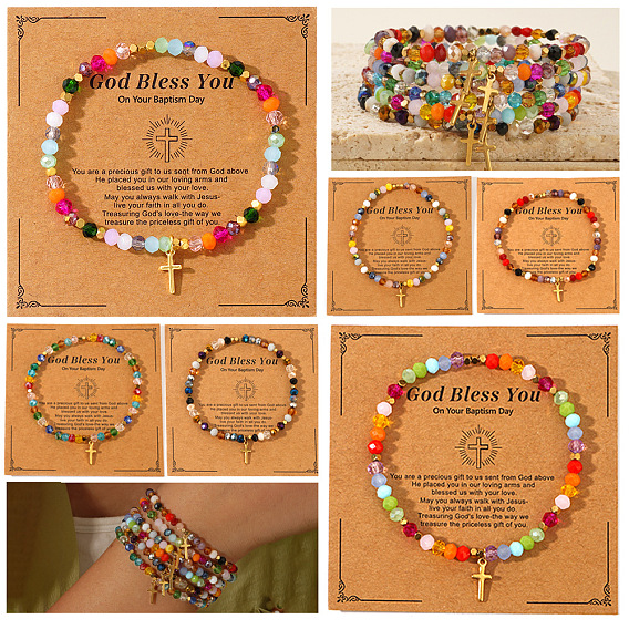 Natural Stone and Glass Faceted Rondelle Beaded Stretch Bracelets with Brass Religion Cross Charms for Women, Real 14K Gold Plated, with Paper Display Cards
