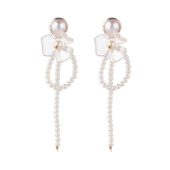 Flower with Shell Pearl Dangle Stud Earring, Brass Drop Earrings for Women