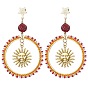 201 Stainless Steel Studs Earrings, with Brass & Polymer Clay Rhinestone & Glass Seed Pendant, Sun