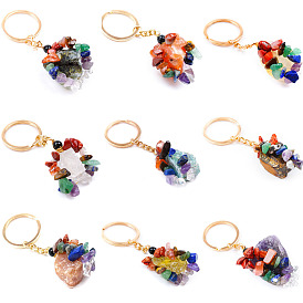 Porte-clés en pierres précieuses naturelles, porte-clés à breloques perles mixtes, avec porte-clés en fer