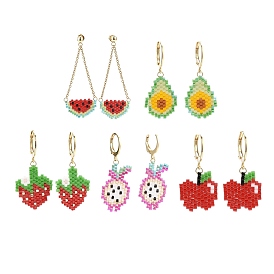 5 Pairs 5 Styles Handmade Japanese Seed Braided Fruit Dangle Leverback Earrings & Stud Earrings, with Golden Tone 304 Stainless Steel Findings