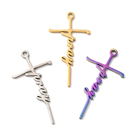 Ion Plating(IP) 304 Stainless Steel Pendants, Laser Cut, Cross with Word Pray Charm