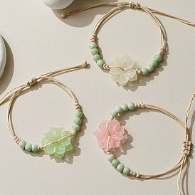 Керамические круглые бусины плетеные бусины браслеты, регулируемые браслеты из нейлонового шнура для женщин, с акриловым цветок