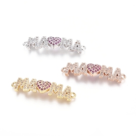Brass Micro Pave Cubic Zirconia Links Connectors, Word MAMA and Heart, for Mother's Day, Colorful