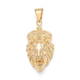 304 Stainless Steel Pendants, with Crystal Rhinestone, Lion Head with Crown