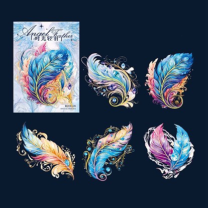 5Pcs 5 Styles Feather Waterproof PET Stickers Sets, Adhesive Decals for DIY Scrapbooking, Photo Album Decoration