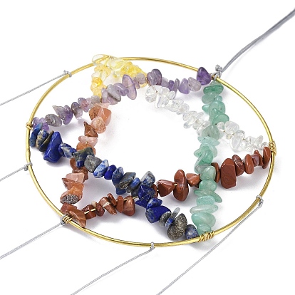 Brass Wire Wrapped Chakra Natural Gemstone Chips Star/Moon/Heart Hanging Ornaments, Natural Agate Plate Tassel Wind Chime for Home Outdoor Decorations
