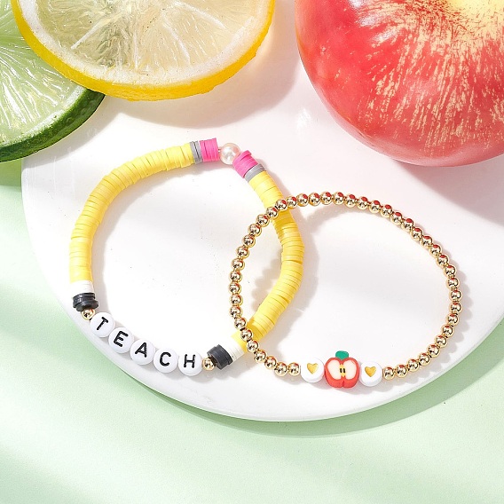 2шт 2 стили браслет ручной работы из полимерной глины heishi и латунных бусин-разделителей ко дню учителя, штабелируемые браслеты, слово учить и яблоко