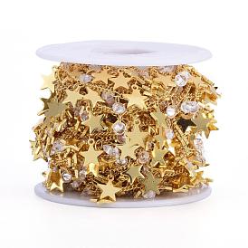 Handmade Brass Curb Chains, Soldered, with Star Charm, Clear Cubic Zirconia and Spool, Long-Lasting Plated
