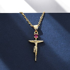 Религия латунный паве темно-розовый кубический цирконий крест кулон ожерелья Иисус