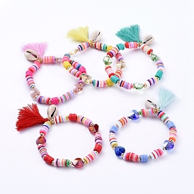 Stretch Charm Bracelets, with Polymer Clay Heishi Beads, Cotton Thread Tassels, Cowrie Shell Beads, Heart Glass Beads and Brass Round Beads