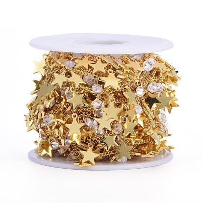 Handmade Brass Curb Chains, Soldered, with Star Charm, Clear Cubic Zirconia and Spool, Long-Lasting Plated