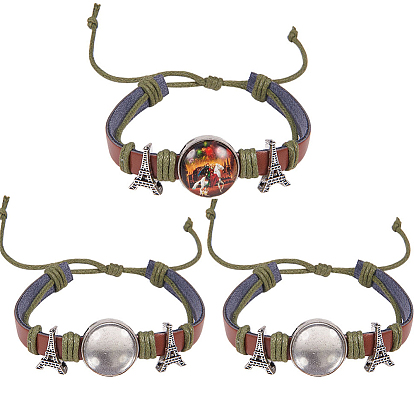 Изготовление браслетов diy, имитационные кожаный браслет задатки, с установкой кабошона из сплава и вощенными шнурами, Прозрачные стеклянные кабошоны, башня