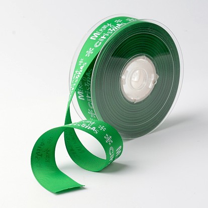 Merry Christmas with Snowflake Polyester Grosgrain Ribbon for Christmas, 1 inch(25mm), about 100yards/roll(91.44m/roll)