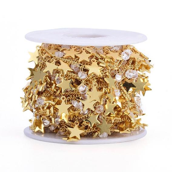 Handmade Brass Curb Chains, Soldered, with Star Charm, Clear Cubic Zirconia and Spool, Long-Lasting Plated