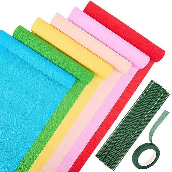 6 рулоны 6 цвета гофрированная бумага ручной работы, с 2 рулонами садовой прививочной бумажной ленты и 50шт. пластика с железным цветочным стеблем, на день рождения украшение свадебной вечеринки