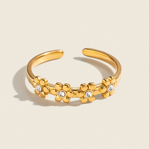 304 Anillos abiertos tipo brazalete con flores de pedrería de acero inoxidable para mujer