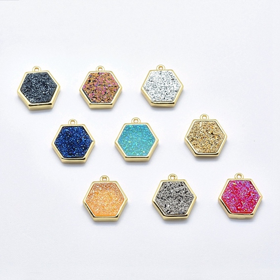 Druzy Resin Charms, with Golden Tone Brass Findings, Hexagon