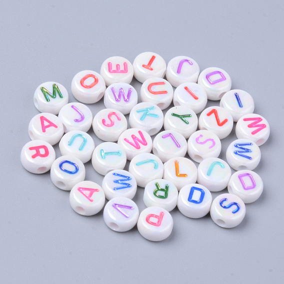 Opaque White Acrylic Beads, Metal Enlaced, Horizontal Hole, Flat Round with Letters