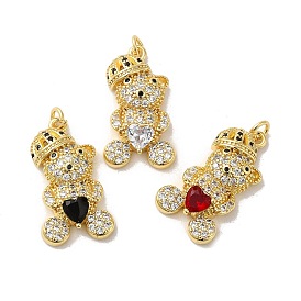 Rack Plating Brass Micro Pave Cubic Zirconia Pendants, Cadmium Free & Lead Free, Long-Lasting Plated, Real 18K Gold Plated, Bear