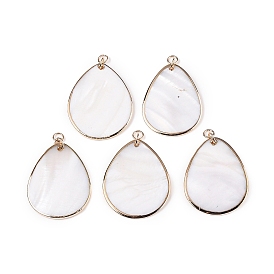 Natural Freshwater Shell Pendants, Brass Edged Teardrop Charms with Jump Rings, Light Gold