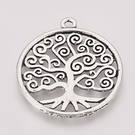 Tibetan Style Alloy Pendants, Flat Round with Tree, Cadmium Free & Lead Free,