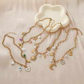Vintage 304 Stainless Steel Resin Bees Sun Moon Heart Multi Pendant Necklaces for Women, Golden
