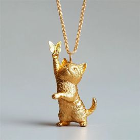 Alloy Cat with Butterfly Pendant Necklaces for Women