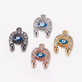Long-Lasting Plated Brass Micro Pave Cubic Zirconia Enamel Charms, Horseshoe with Evil Eye