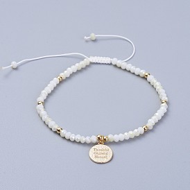 Bracelets de perles tressées en verre galvanoplastie, avec du laiton et du fil de nylon, plat et circulaire avec le mot