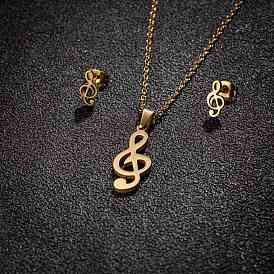 Stainless Steel Musical Note Stud Earrings & Pendant Necklaces Sets for Women