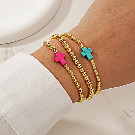 3Pcs Dyed Synthetic Turquoise Cross Bracelets, Brass Stretch Beaded Bracelet Sets, Golden