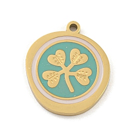 316 Surgical Stainless Steel Enamel Pendants, Flat Round with Clover Charm, Golden