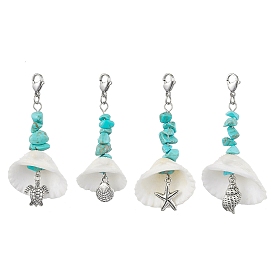 4Pcs 4 Styles Sea Animal Alloy & Natural Shell Pendant Decorations, Synthetic Turquoise Chip & Lobster Clasps Charms for Bag Ornaments