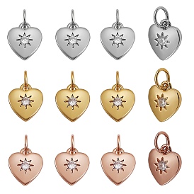 12Pcs 3 Colors Brass Micro Pave Clear Cubic Zirconia Charms, Long-Lasting Plated, Lead Free & Nickel Free & Cadmium Free, Heart with Star
