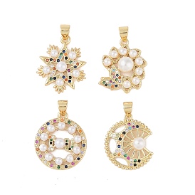 Brass Micro Pave Colorful Cubic Zirconia Pendants, with ABS Plastic Beads, Real 18K Gold Plated